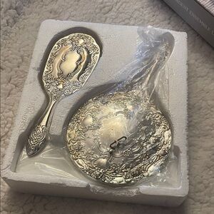 Ornate Silver Vanity Set with Mirror and Brush